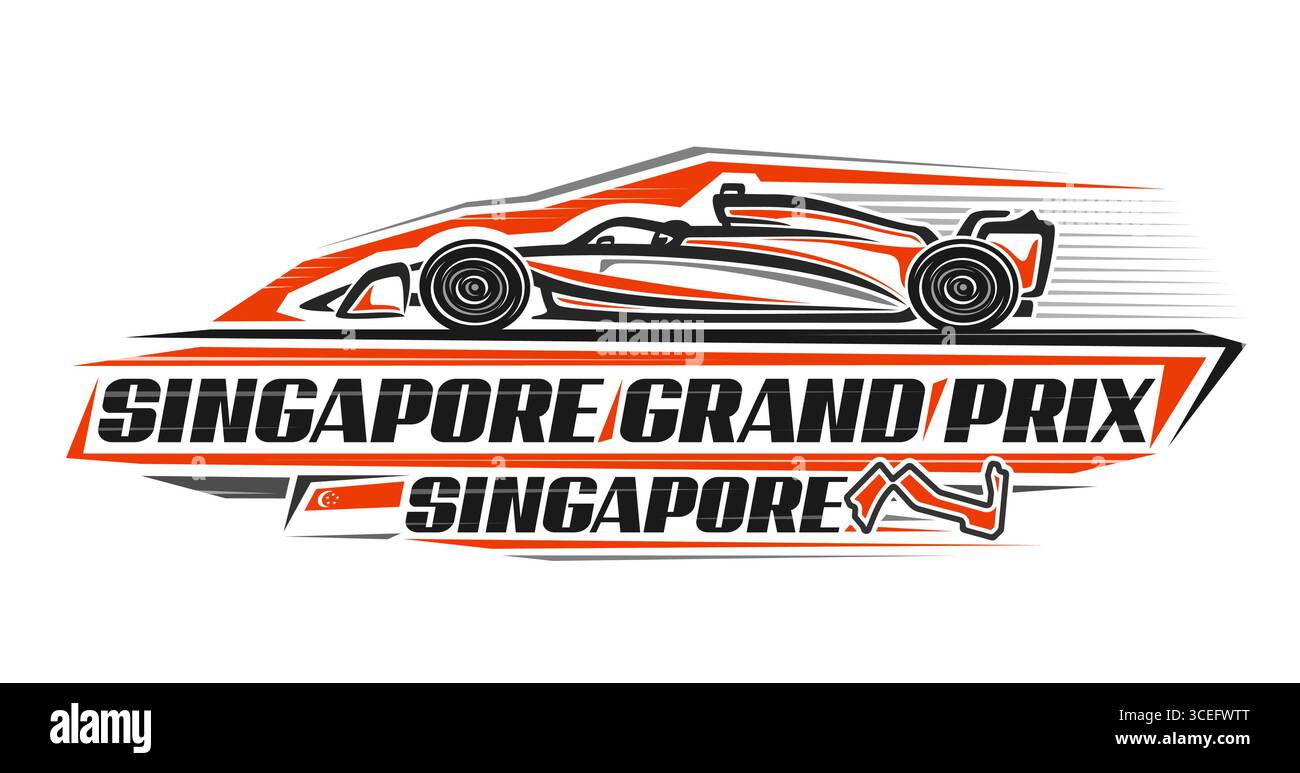 Logo Vector per il Gran Premio di Singapore, cartellone automobilistico con contorno semplice della moderna auto rossa di formula uno su speedway, scritta unica Illustrazione Vettoriale