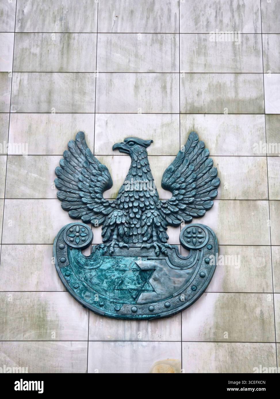 Un rilievo in ottone dell'Aquila Bianca ( simbolo nazionale della Polonia ) con la Stella di Davide al cimitero ebraico di Varsavia, Polonia. Foto Stock