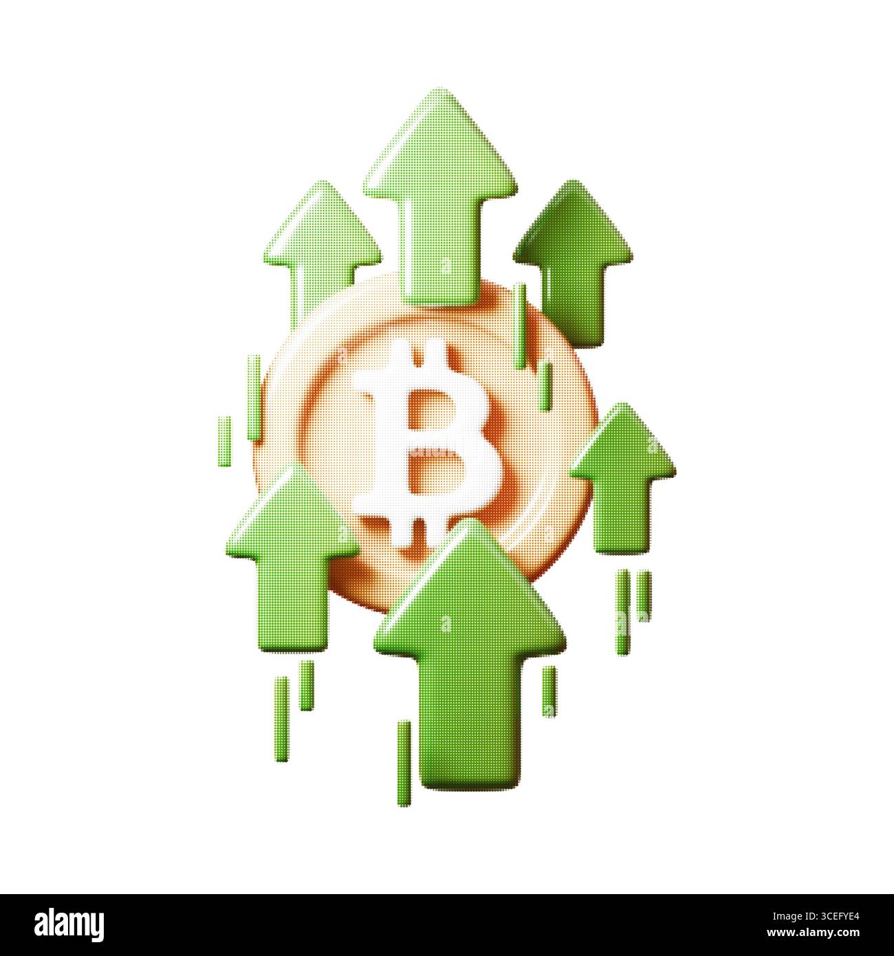 Illustrazione vettoriale del bitcoin che si innalza con più frecce verdi e texture a mezzitoni. Simbolo della crescita delle criptovalute, della tendenza al rialzo del mercato e della finanza Illustrazione Vettoriale