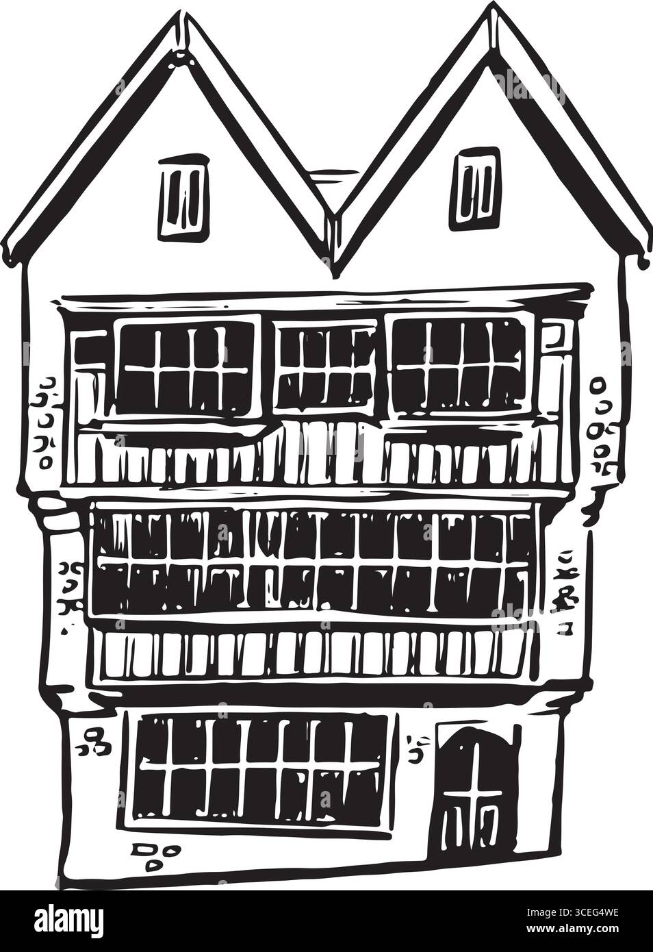 Dettagliate illustrazioni in bianco e nero disegnate a mano di un tradizionale edificio in legno con un ripido tetto a spiovente e facciata ornamentale Illustrazione Vettoriale