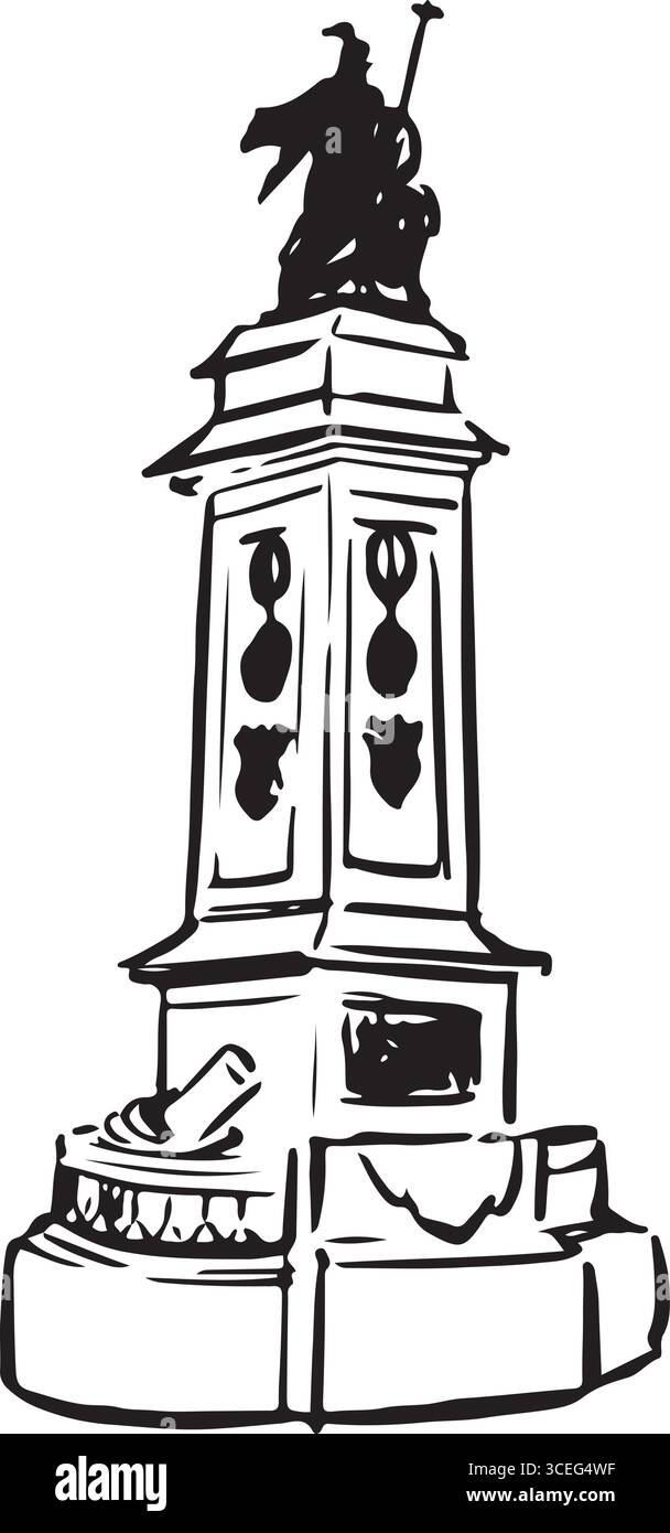 Armada Memorial, Devon, illustrazione a inchiostro simbolo dell'Inghilterra. Schizzo di un monumento storico. Semplice stile a inchiostro testurizzato. Famosa destinazione di viaggio inglese ve Illustrazione Vettoriale