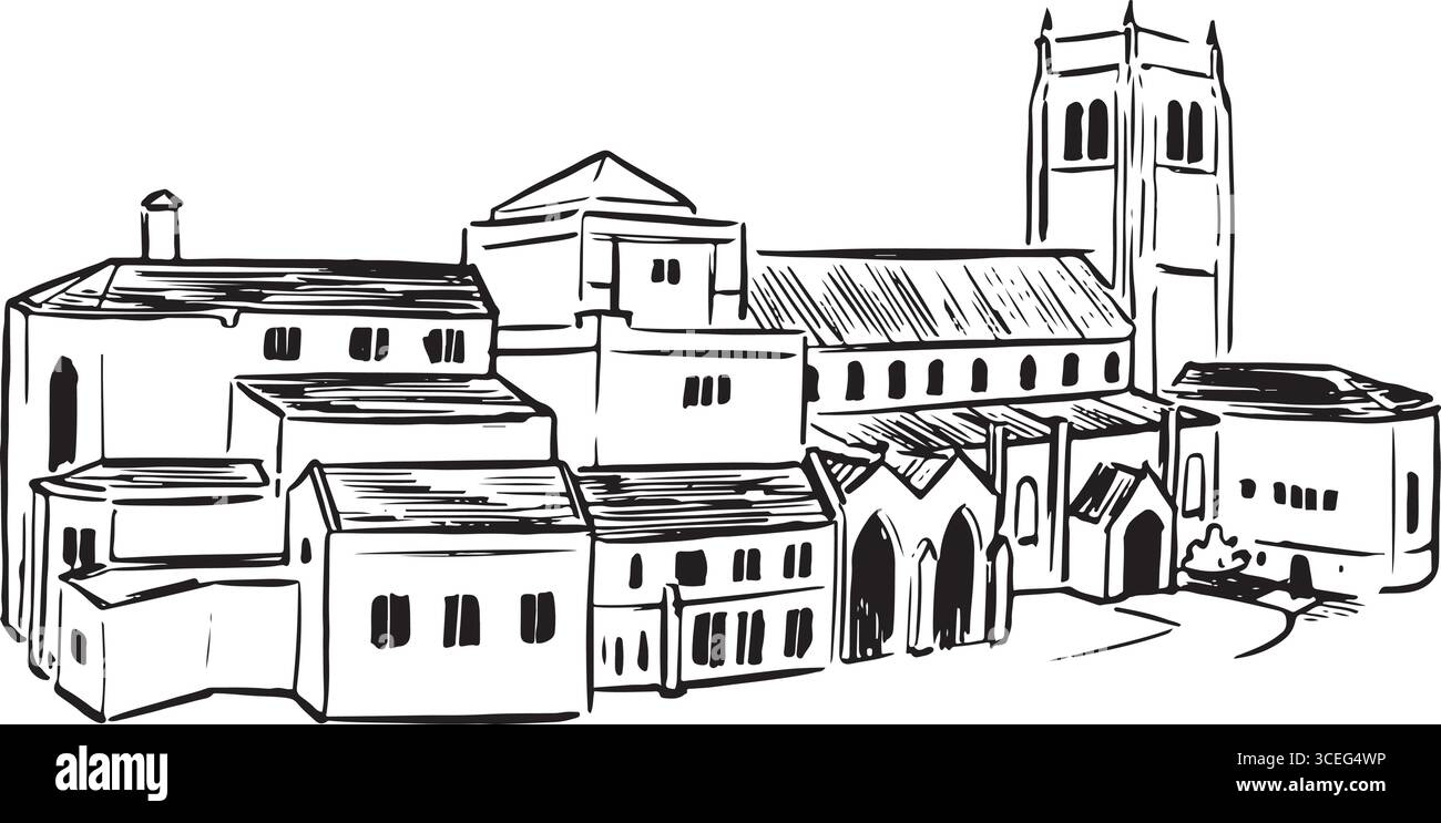 Bradford Cathedral, illustrazioni a inchiostro di riferimento in Inghilterra. Cattedrale anglicana che riflette i cambiamenti storici. Antiche illustrazioni architettoniche antiche. Illustrazione Vettoriale