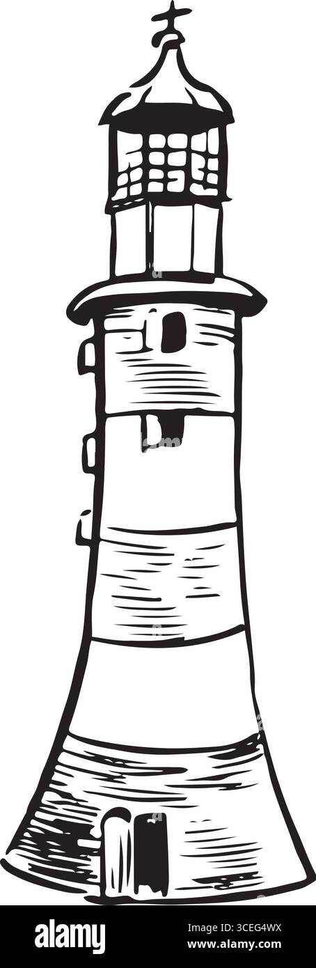 Smeaton's Tower, Plymouth, punto di riferimento dell'inchiostro inglese. Schizzo dell'architettura del faro. Disegno vettoriale della struttura famoso in inglese. Tema nautico mano isolata Illustrazione Vettoriale