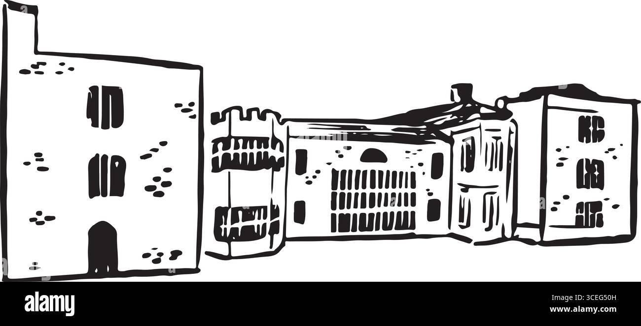 Bolling Hall, simbolo di Bradford, illustrazione a inchiostro. Vecchio edificio, museo e centro educativo. residenza del xvii secolo con un mix di stile architettonico: Illustrazione Vettoriale