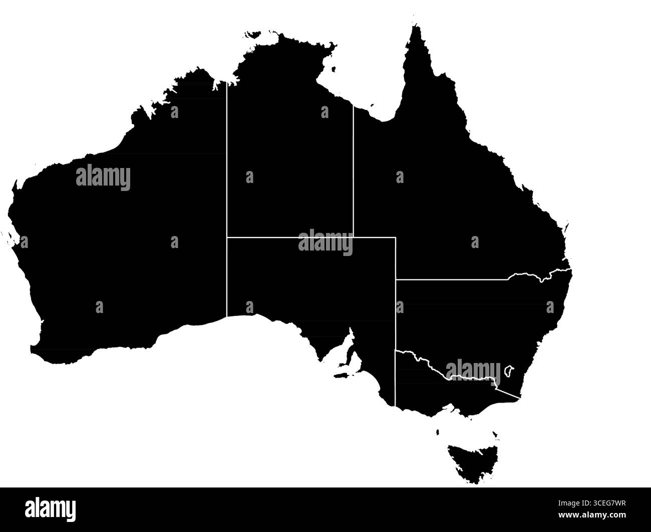 Mappa dell'Australia in bianco e nero - contorno vettoriale semplice per uso didattico, guide di viaggio e arte murale stampabile Illustrazione Vettoriale