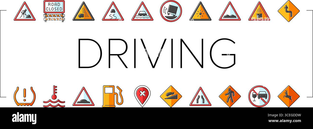 le icone della strada degli ostacoli alla guida della vettura impostano il vettore Illustrazione Vettoriale