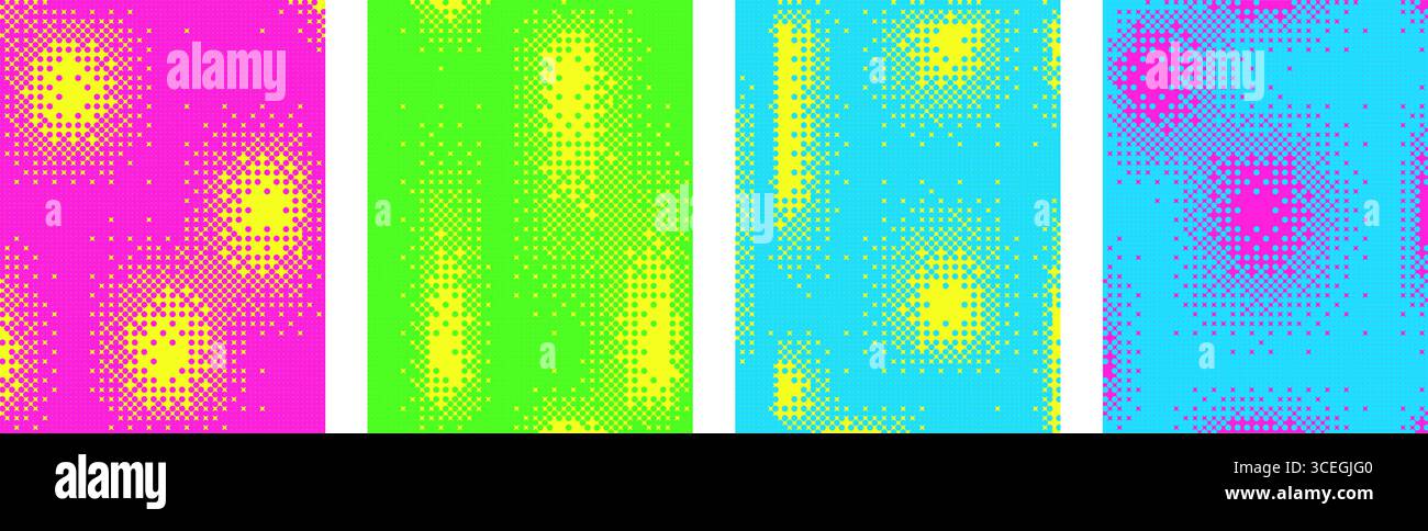 Set di vivaci sfondi comici a mezzitoni. Copertura del design doppio con gradiente della griglia antirumore. Sovrapposizione pixel glitch granulosità. Striscione verticale caotico a punti. abs vettoriale Illustrazione Vettoriale