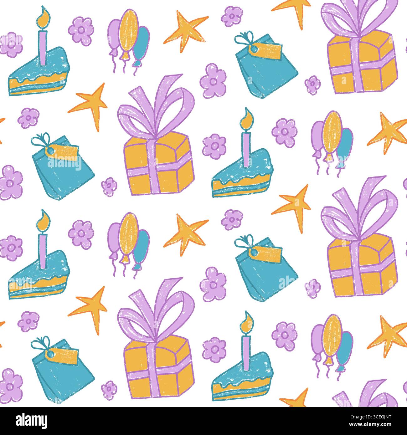 Festa di compleanno con motivo pastello multicolore senza cuciture. Regalo natalizio, stelle e palloncini sullo sfondo senza fine. Torta disegnata a mano con candela e fiori Illustrazione Vettoriale