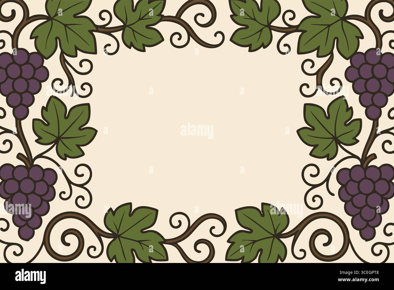 Cornice rettangolare decorativa formata da grappoli d'uva e viti a scorrimento in stile vintage con ampio spazio vuoto per il testo. Illustrazione Vettoriale