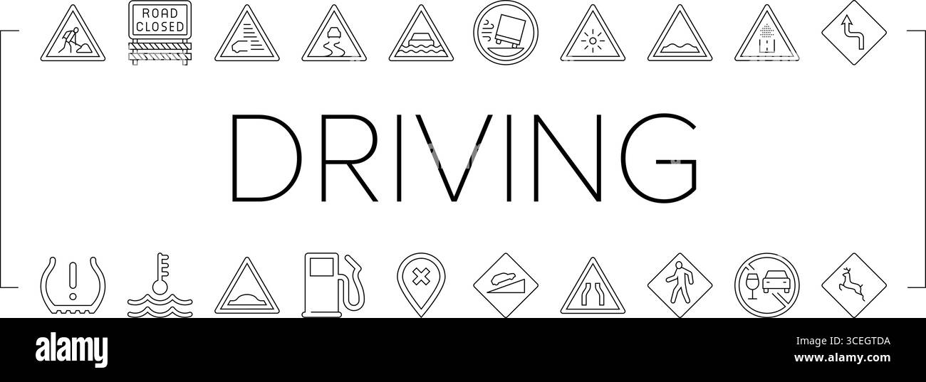 le icone della strada degli ostacoli alla guida della vettura impostano il vettore Illustrazione Vettoriale
