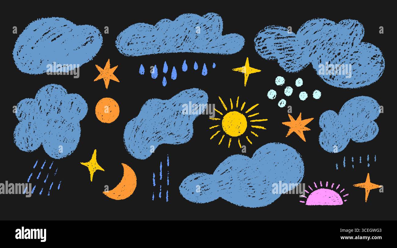 Nuvole disegnate a mano, Luna, Sole, stelle e pioggia Illustrazione Vettoriale