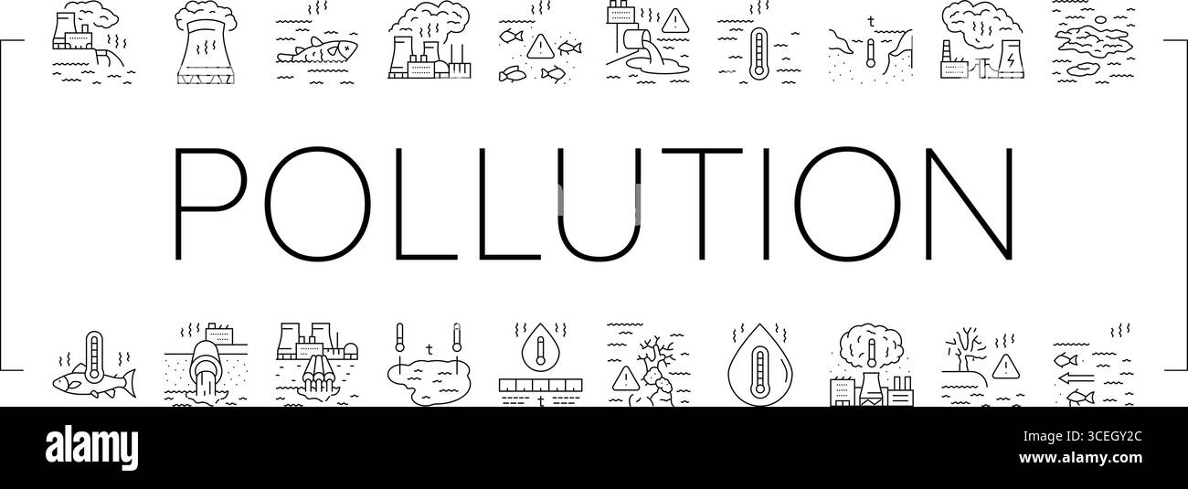 le icone dell'ecosistema dell'inquinamento termico impostano il vettore Illustrazione Vettoriale