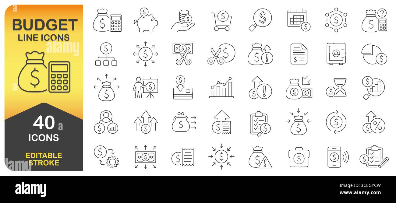 Set di icone budget e Money Line. Riga traccia modificabile . Collezione icone Finanza bilancio personale linea sottile. Budget, risparmi, spese, entrate, prestiti Illustrazione Vettoriale