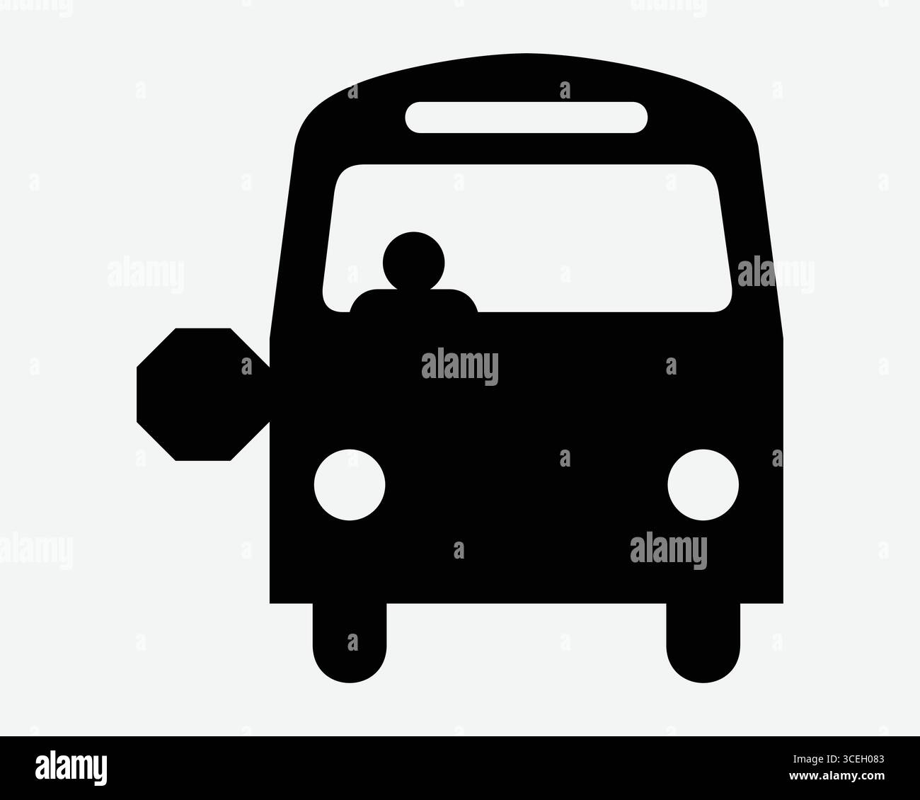 Autobus con segnale di stop e icona di vista anteriore conducente Scuola trasporto avvicinamento frontale illustrazione grafica piatta nero bianco simbolo servizio traffico stradale veicolo Illustrazione Vettoriale