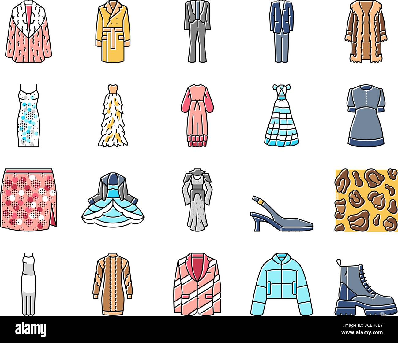 abiti eleganti, icone alla moda e vettoriali Illustrazione Vettoriale