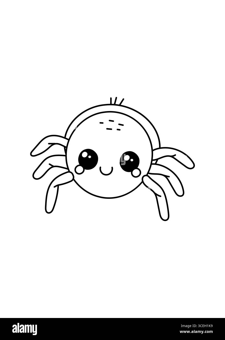 Grazioso ragno rotondo con grandi occhi e sorriso, disegnato in stile kawaii boho line art. Perfetto per i bambini di Halloween che colorano le pagine. Illustrazione Vettoriale