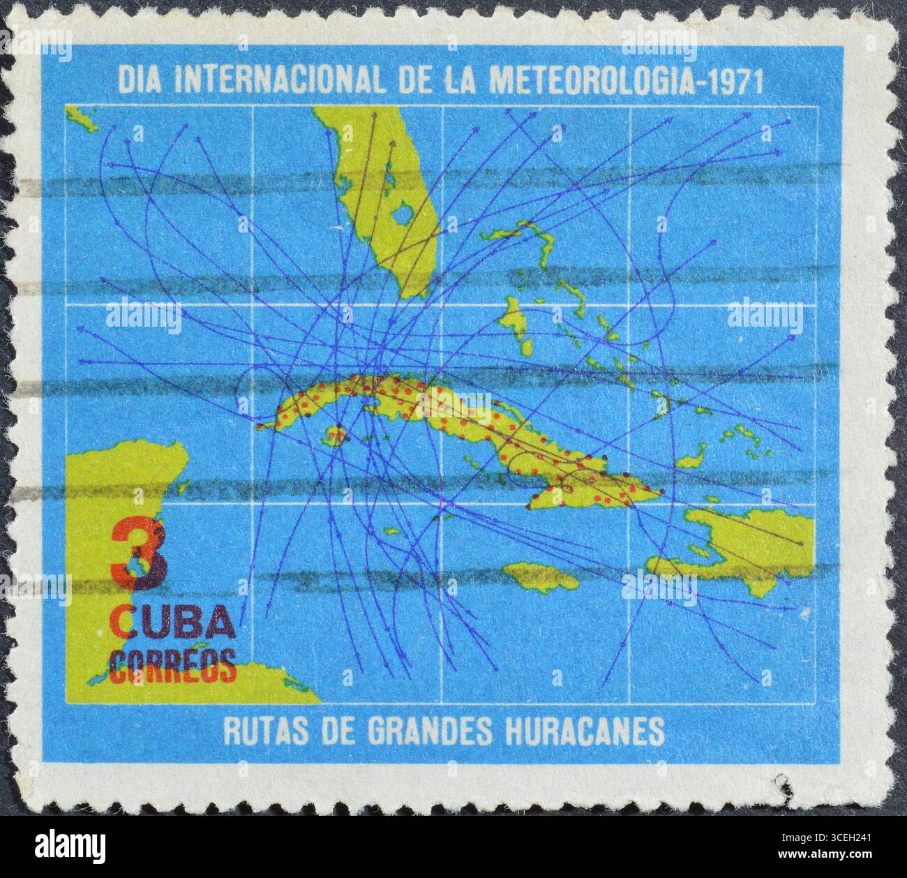 Francobollo cancellato stampato da Cuba, che mostra la mappa dell'uragano, giornata meteorologica mondiale, circa 1971. Foto Stock