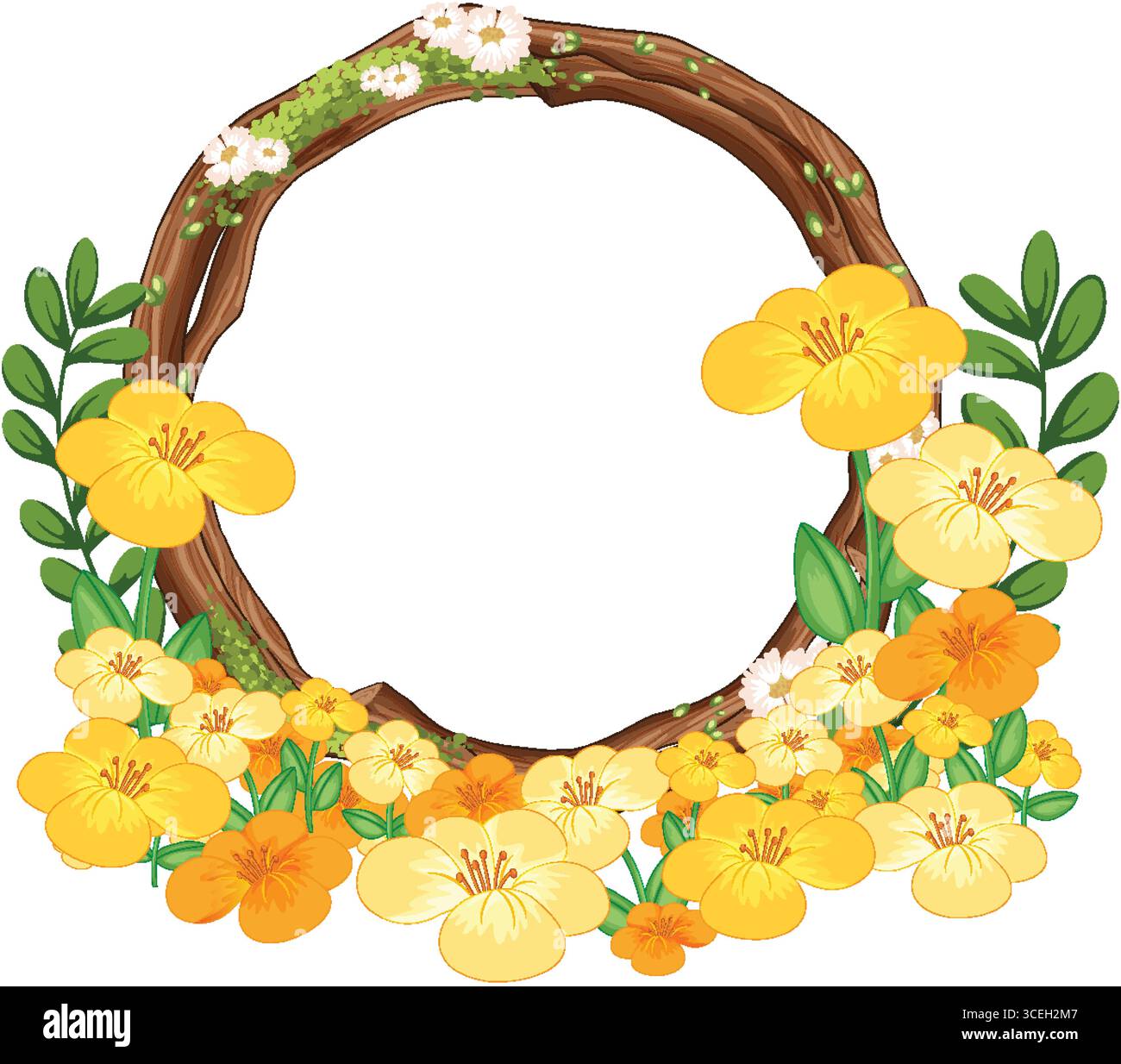 Corona circolare decorata con fiori gialli, rami e foglie verdi Illustrazione Vettoriale