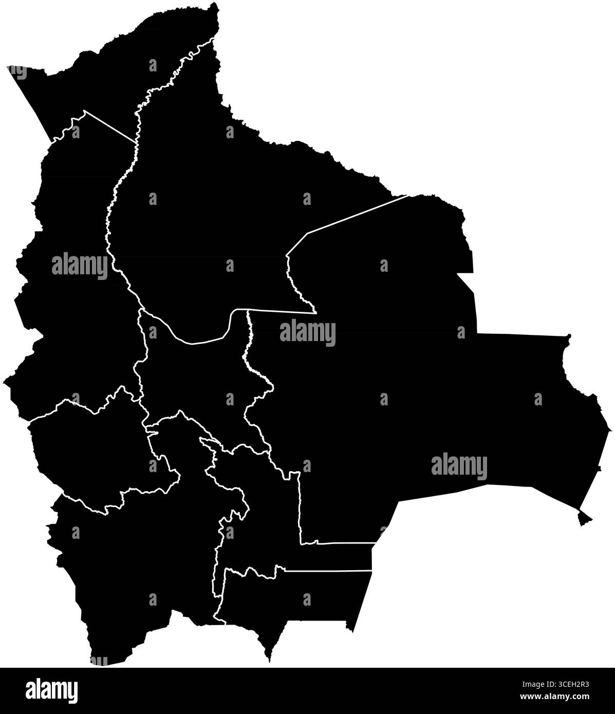 Mappa della Bolivia in bianco e nero: Contorno vettoriale semplice per uso didattico, guide di viaggio e arte murale stampabile Illustrazione Vettoriale