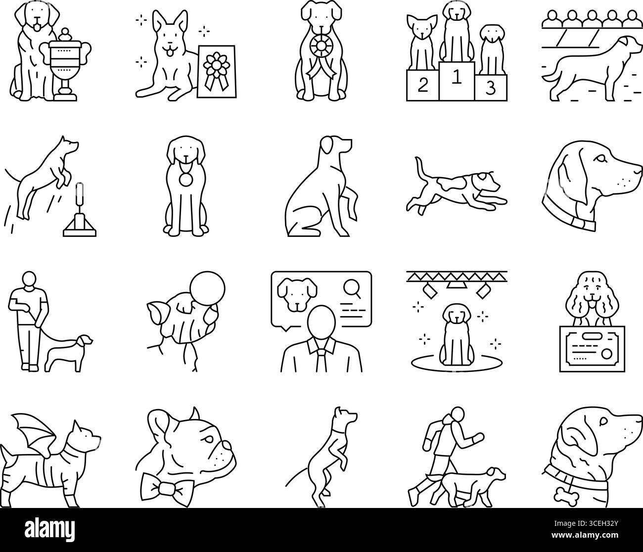 concorso per cani mostra icone di razza set vettoriale Illustrazione Vettoriale