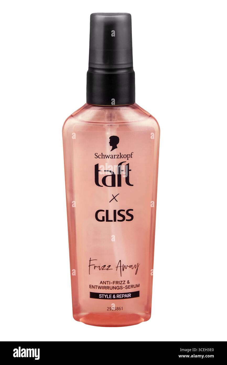 Taft Gliss Schwarzkopf Hair frizz Away Serum isolato su sfondo bianco Foto Stock