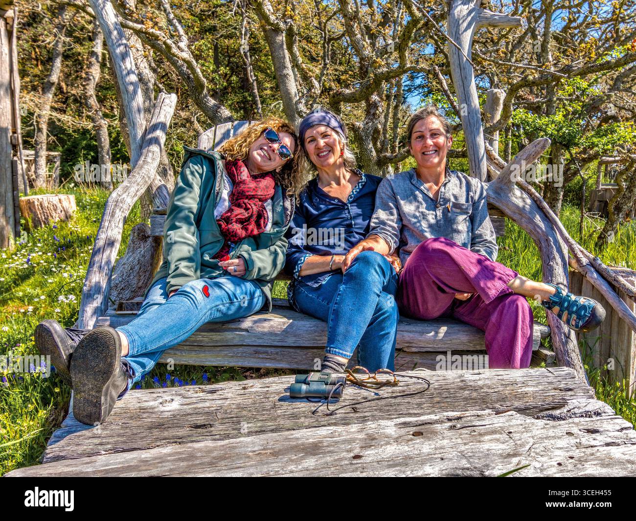 Tre amiche donne sedute e sorridenti su un sedile costruito a mano a Hornby Island, British Columbia, Canada. Foto Stock