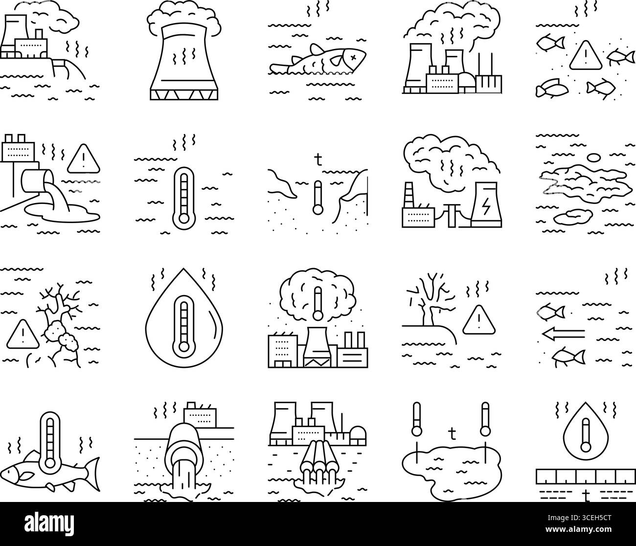 le icone dell'ecosistema dell'inquinamento termico impostano il vettore Illustrazione Vettoriale