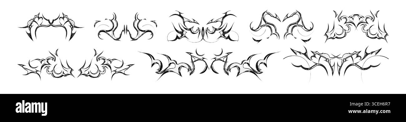 Collezione di tatuaggi in metallo Tribal y2k con disegni gotici simmetrici per uno stile alternativo e una body art. Ornamenti neri a fiamma con bordi affilati ed estetica metalcore. Elementi decorativi vettoriali Illustrazione Vettoriale