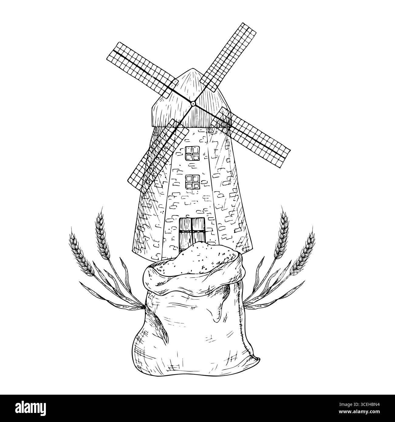 Disposizione vettoriale con mulino a vento, borsa in tela di tessuto per il cibo o la consegna. Sacchetto di inchiostro grafico con farina, orecchio di grano, illustrazione della granella isolata su Illustrazione Vettoriale