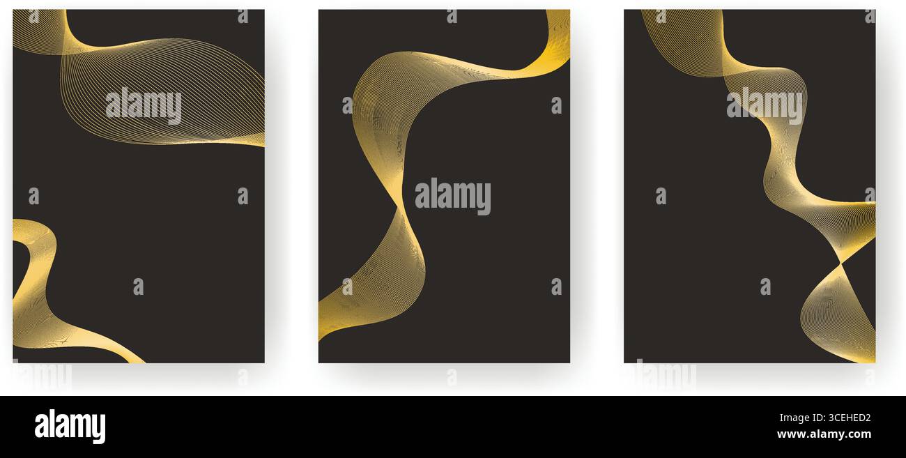 Set di modelli in nero con linee dorate. Layout verticale astratto con decorazioni dorate. Opuscolo, opuscolo, opuscolo, modello di copertina, grafica vettoriale Illustrazione Vettoriale