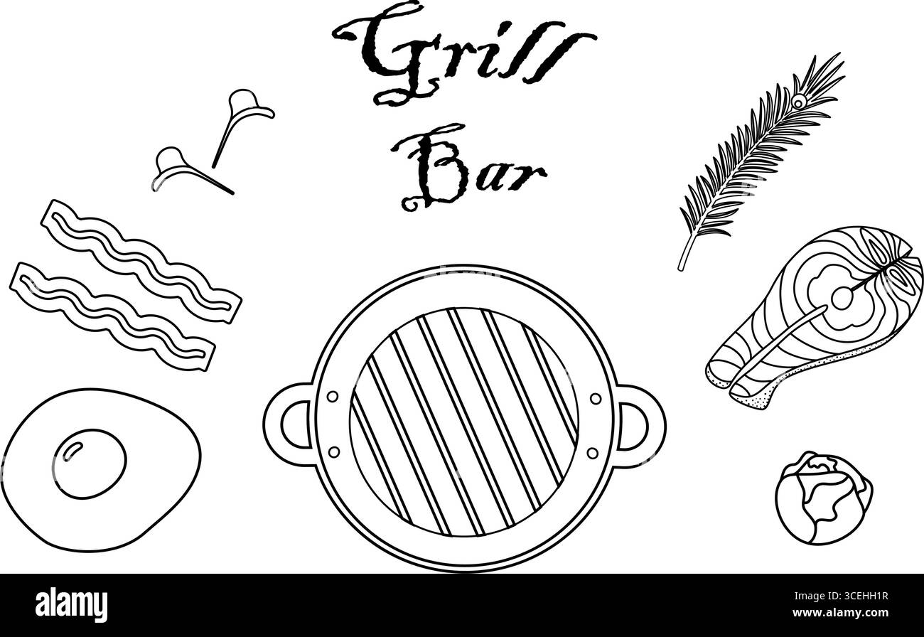 Fritto di uova di pancetta e bistecca di salmone cavoletti di Bruxelles e ramoscello di rosmarino e padella grill. Illustrazione vettoriale isolata Grill contenuto correlato al cibo scheda menu ricetta, etichetta prezzo, opuscolo Illustrazione Vettoriale