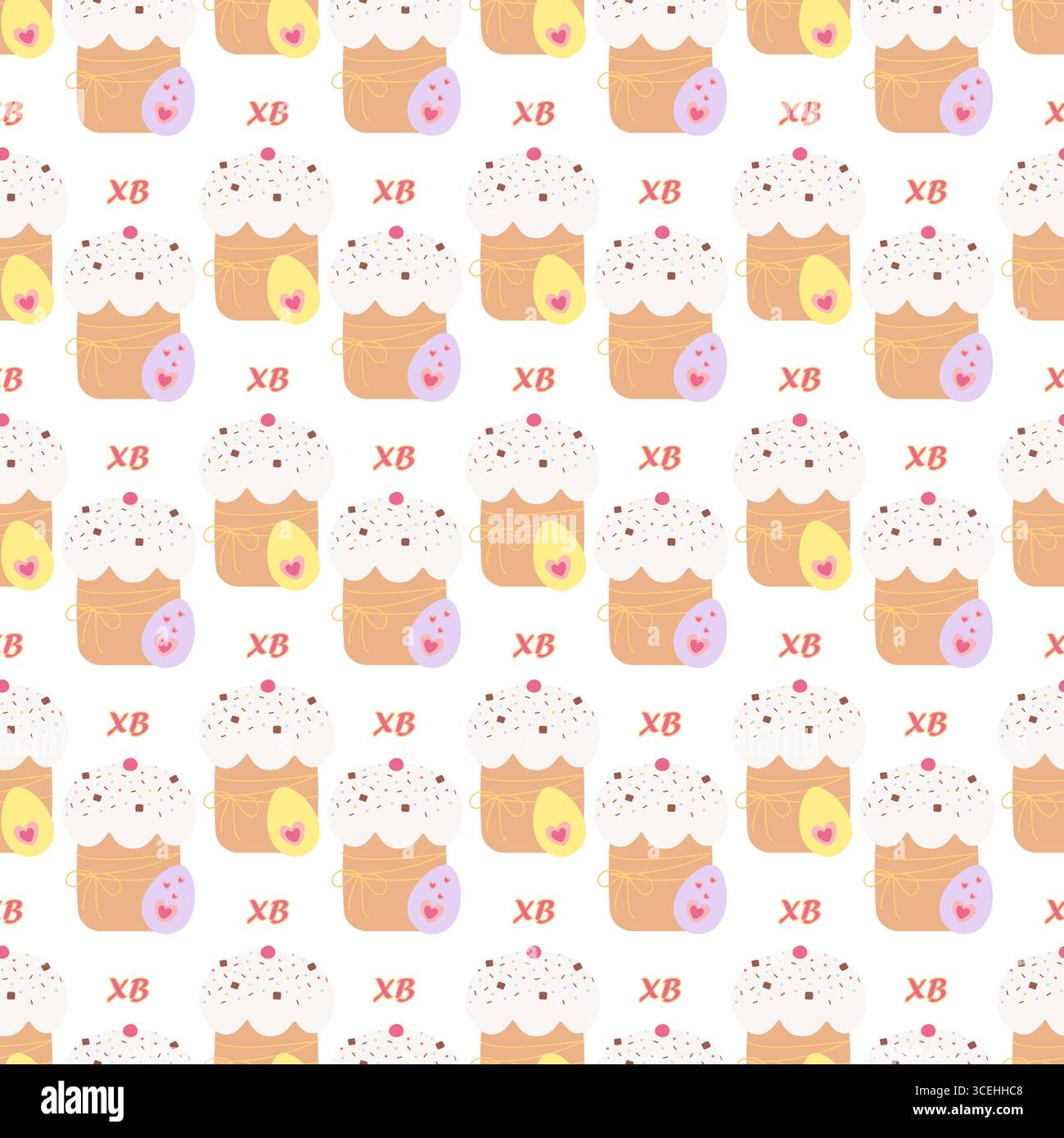 Torta di Pasqua con decorazioni a spruzzo, cuori di uova di Pasqua e lettere XB, sfondo pasquale senza cuciture. Illustrazione vettoriale isolata cartolina tematica per le festività di Pasqua invito, saluto, opuscolo Illustrazione Vettoriale