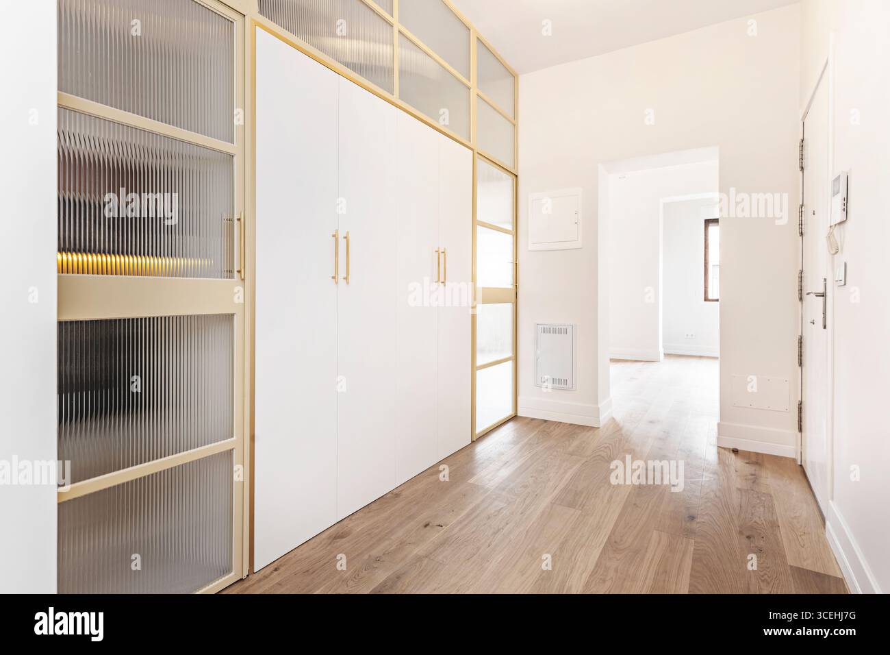 Design degli interni boutique: Porte bianche con montature in metallo oro e vetro traslucido smussato Foto Stock