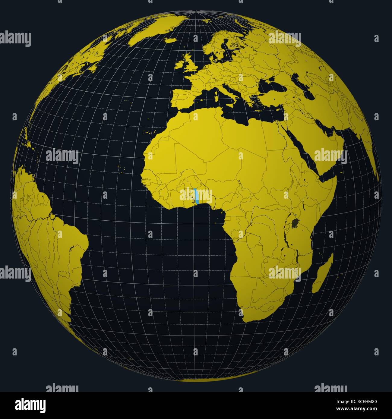 Repubblica del Togolese su Globe. Vista paese sulla mappa del mondo nella tavolozza dei colori giallo brillante Charcoal. Forma del Togo sulla mappa. Illustrazione Vettoriale