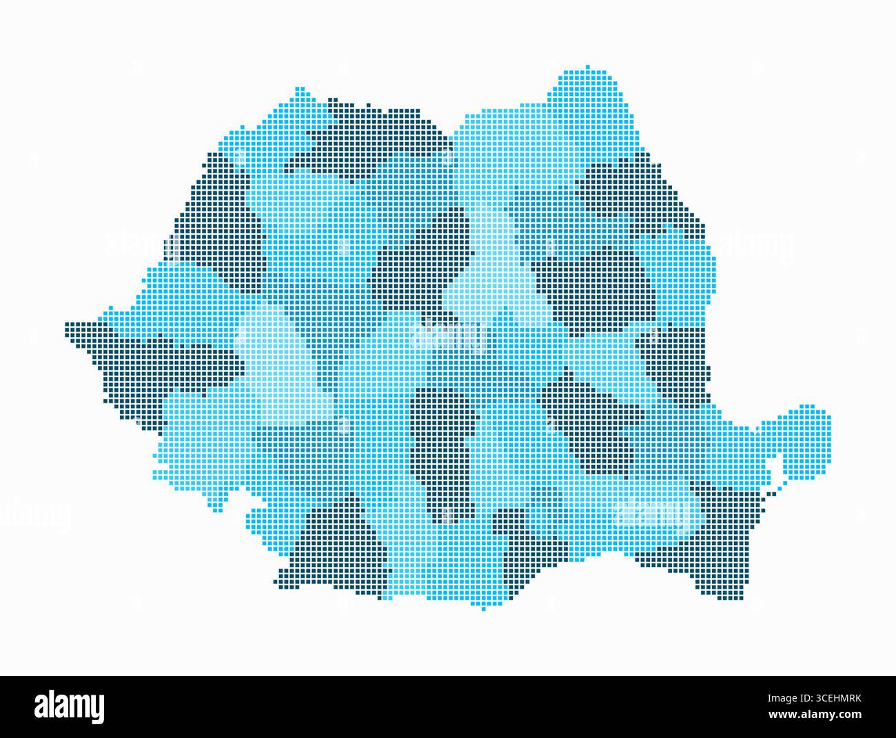 Mappa tratteggiata della Romania. Mappa digitale del paese su sfondo bianco. Forma rumena con punti quadrati. Stile puntini colorati. Quadrati di piccole dimensioni. Illustrazione Vettoriale