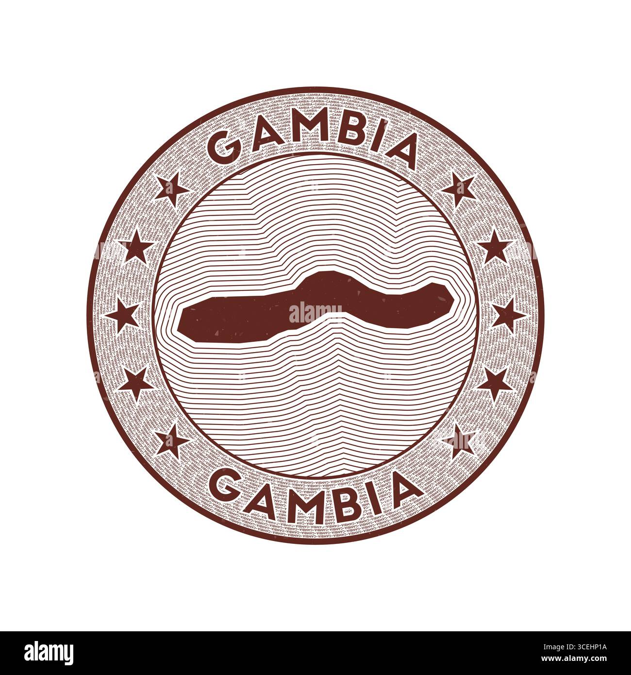 Vettore badge rotondo Gambia. Francobollo rotondo con forma di Gambia, isolini e nome circolare del paese. Emblema autentico. Illustrazione Vettoriale