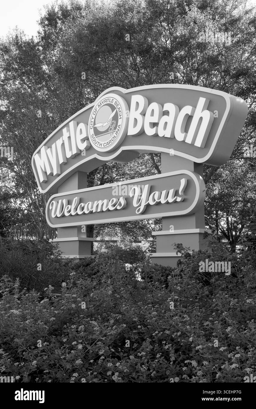 Myrtle Beach ti dà il benvenuto sul cartello stradale all'ingresso del South Carolina, Stati Uniti. Foto Stock