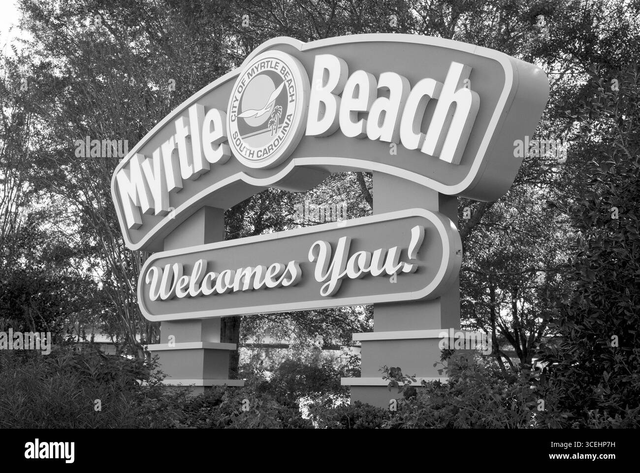 Myrtle Beach ti dà il benvenuto sul cartello stradale all'ingresso del South Carolina, Stati Uniti. Foto Stock