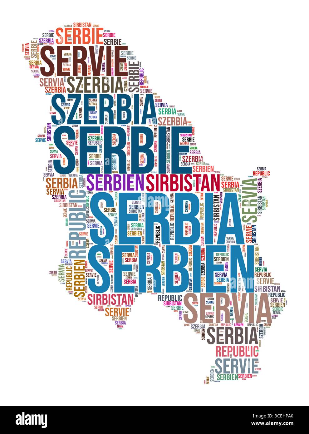 Serbia paese forma nuvola di parole. Illustrazione del paese in stile tipografico. Immagine Serbia in stile fumetto di testo. Illustrazione vettoriale. Illustrazione Vettoriale
