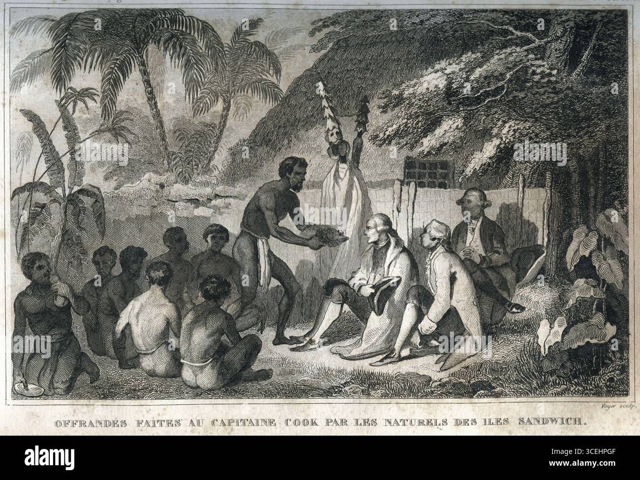 Il primo viaggio del capitano James Cook (1728-1779): Un'offerta prima del capitano Cook nelle Isole Sandwich - incisione da: « Nouvelle Bibliothèque des Voyages Anciens et Modernes » 1844 Foto Stock