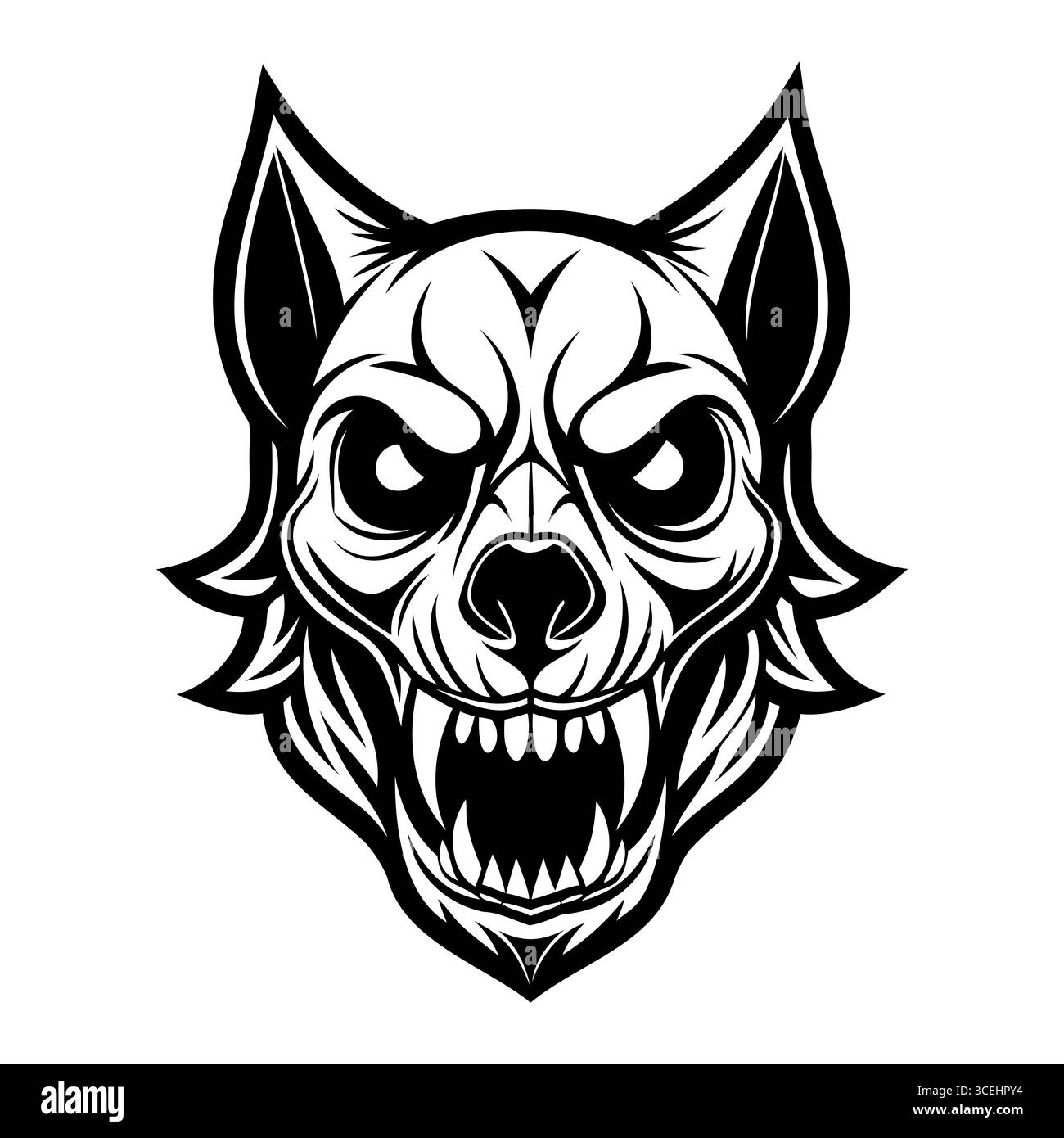 Icona in bianco e nero di una testa di lupo arrabbiata con zanne barrate isolate su sfondo bianco Illustrazione Vettoriale