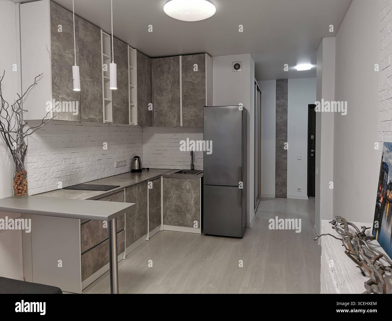 Fabbricazione di mobili per armadi. Installare una nuova cucina. Conservazione pratica, pratica e pratica. Ristrutturazione degli appartamenti. Pulizia, decluttering. Razione Foto Stock