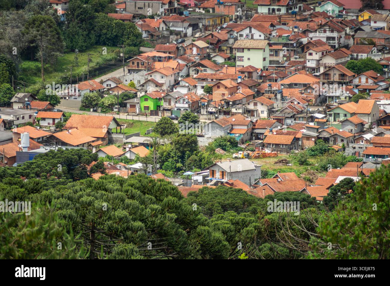 Denso gruppo di case con tetti di terracotta rossa annidate in una valle verde, circondate da lussureggianti foreste in una giornata mattutina d'estate. Foto Stock