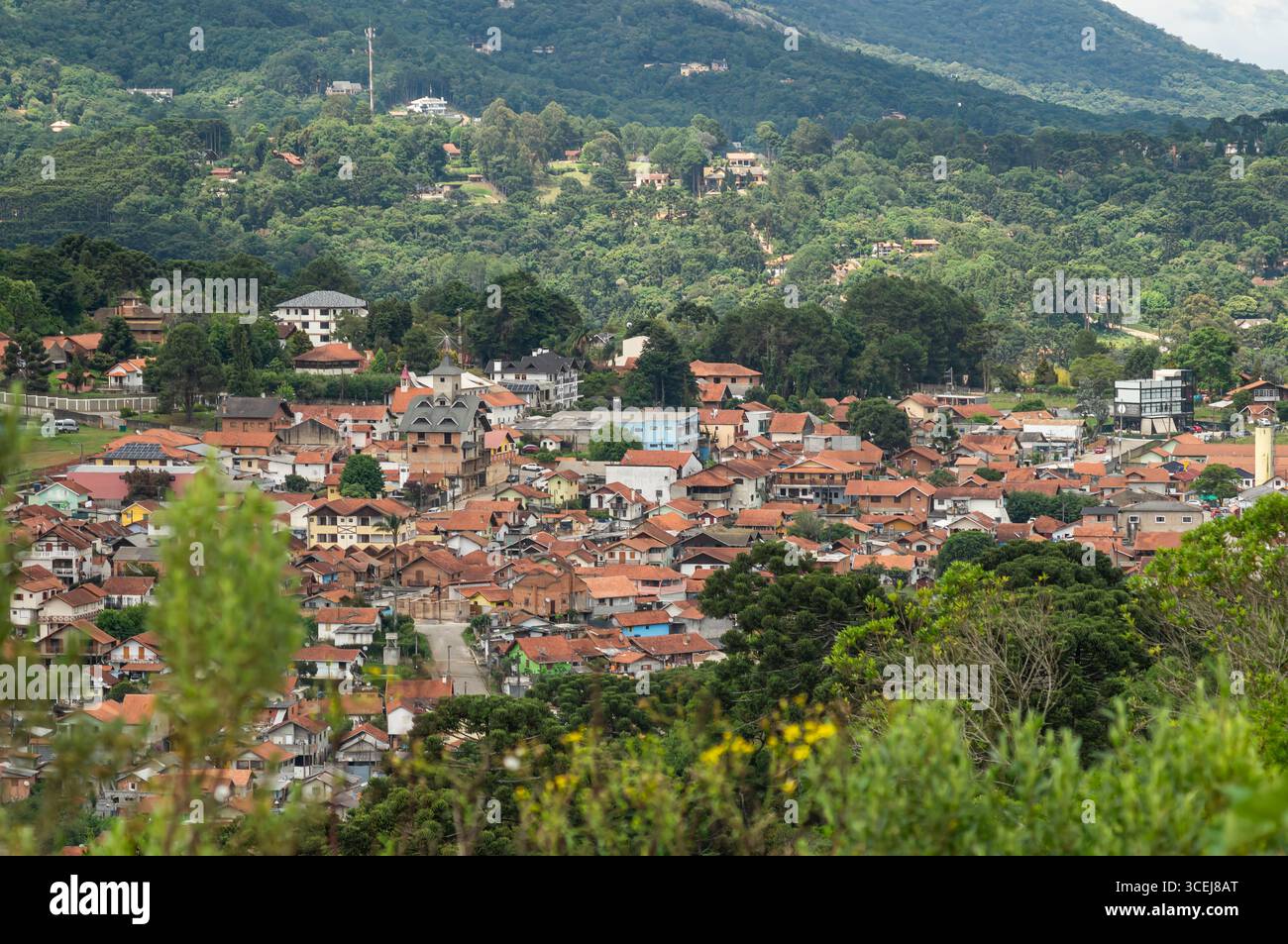Vista panoramica della località turistica di Monte Verde, immersa in una lussureggiante valle verde con fitte foreste e case tradizionali in una mattina d'estate. Foto Stock