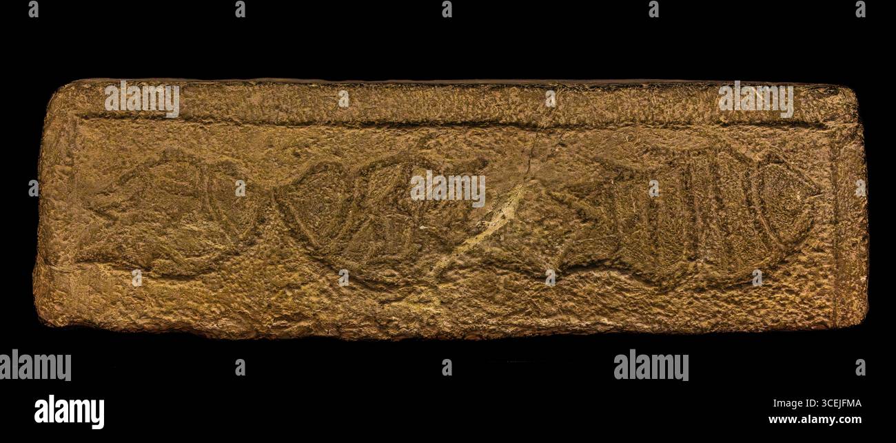 Blocco di pietra con decorazioni di pesci, laghetto Bugibba, templi megalitici, Museo Nazionale di Archeologia espone importanti manufatti della preistoria Foto Stock
