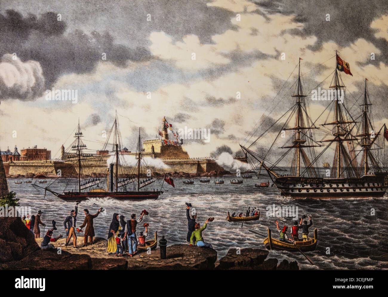 Arrivo della regina Adelaide a Malta, Fort St. Elmo, fortezza sulla punta settentrionale costruita nel 1670 dall'ordine di Malta per fortificare il porto, ospita il Foto Stock