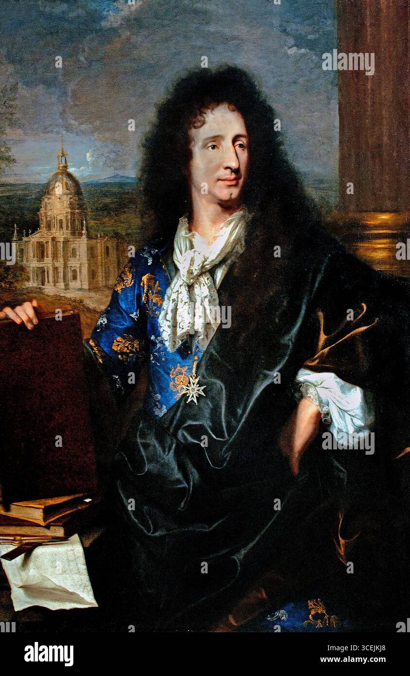 Jules Hardouin-Mansart, 1685 architetto del re Luigi XIV di Francia Hyacinthe Rigaud (1643-1715) Museo Francia francese ( Jules Hardouin-Mansart fu un celebre architetto per re Luigi XIV, rinomato per la progettazione della Place des Victoires (1685) a Parigi, espressione della gloria del re attraverso edifici residenziali e un monumento centrale. Hardouin-Mansart ha anche contribuito in modo significativo al paesaggio di Versailles,) Foto Stock
