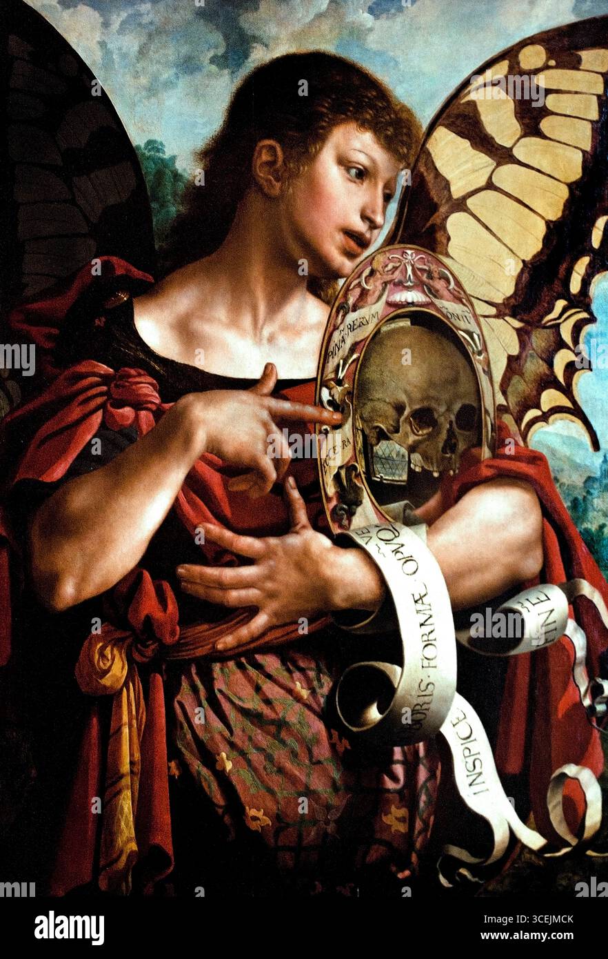 Jan Sanders van Hemessen 1500-1560 Allegoria della vanità Belgio belga Lille Museum Francia francese ( Jan Sanders van Hemessen dipinse un 'Allegoria della vanità' (noto anche come 'Vanitas') intorno al 1550, un dipinto che raffigura i piaceri terreni come fugaci e incoraggia gli spettatori a guardarsi oltre verso la redenzione spirituale. L'opera mostra una donna circondata da oggetti di lusso, con una scena della parabola del figlio prodigo visibile sullo sfondo attraverso una finestra aperta, che illustra il messaggio morale. Foto Stock