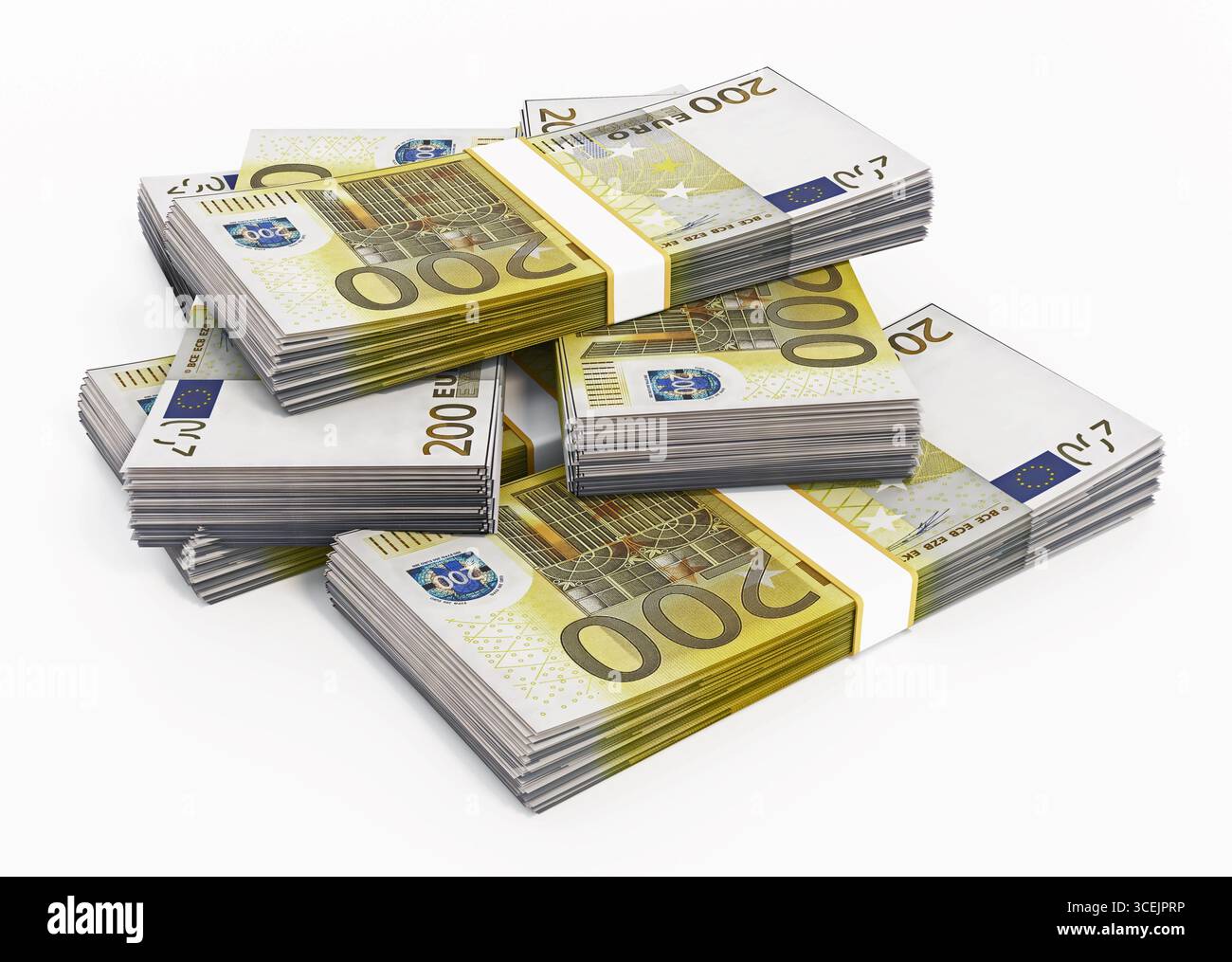 200 banconote in euro isolate su bianco. Illustrazione 3D. Foto Stock