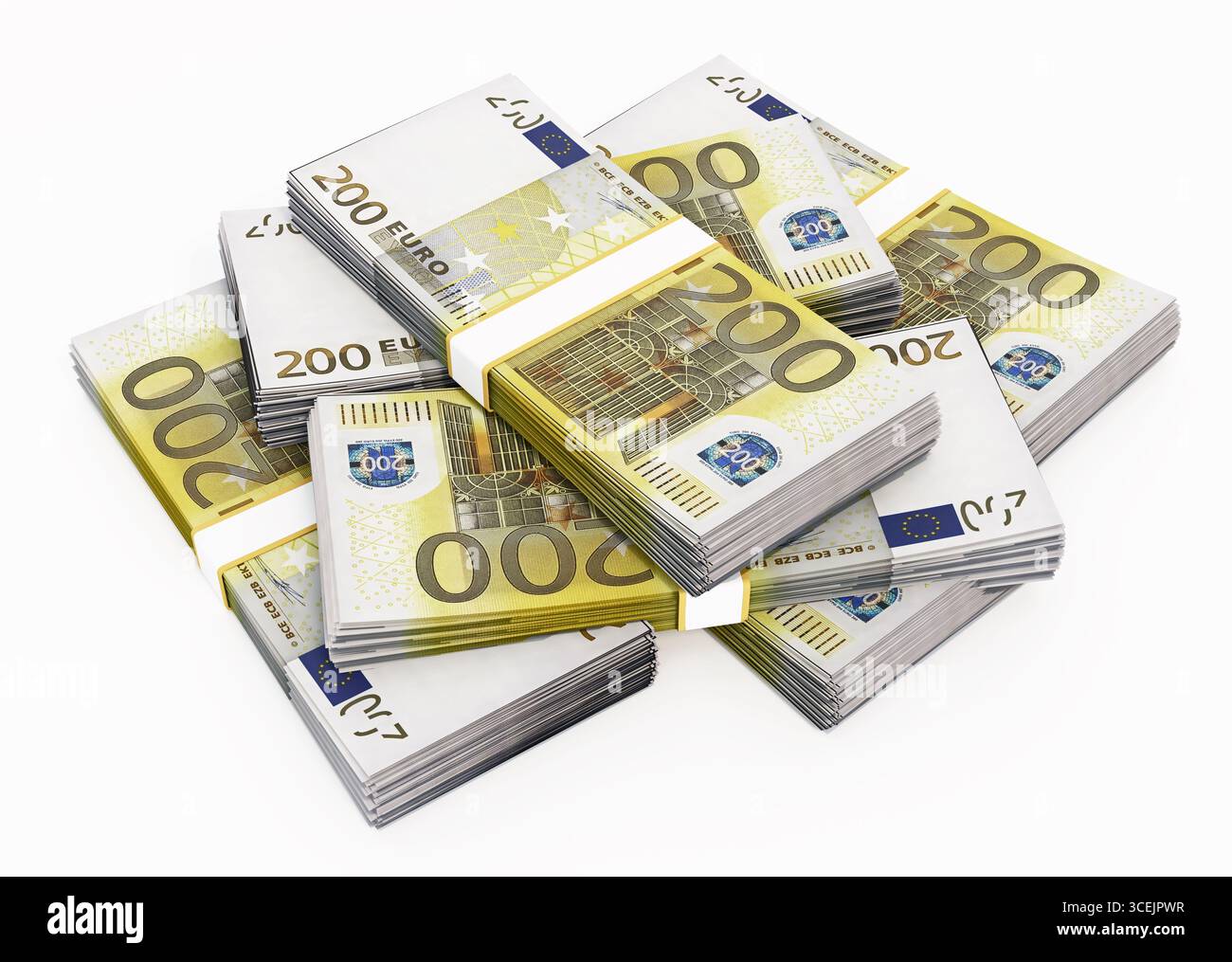 200 banconote in euro isolate su bianco. Illustrazione 3D. Foto Stock